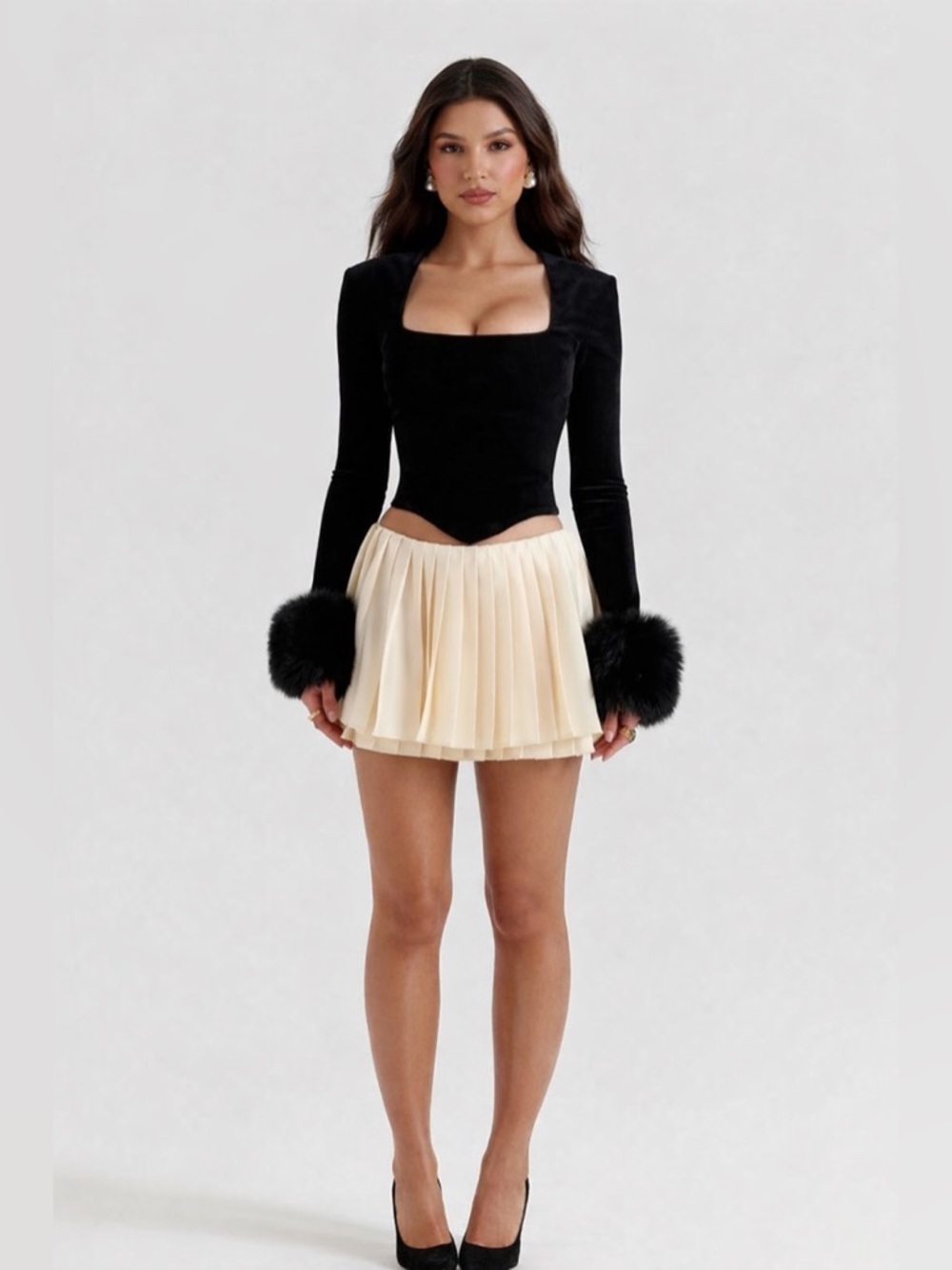 House of CB Emira Ivory Pleated Mini Skirt Medium Coquette Luxury